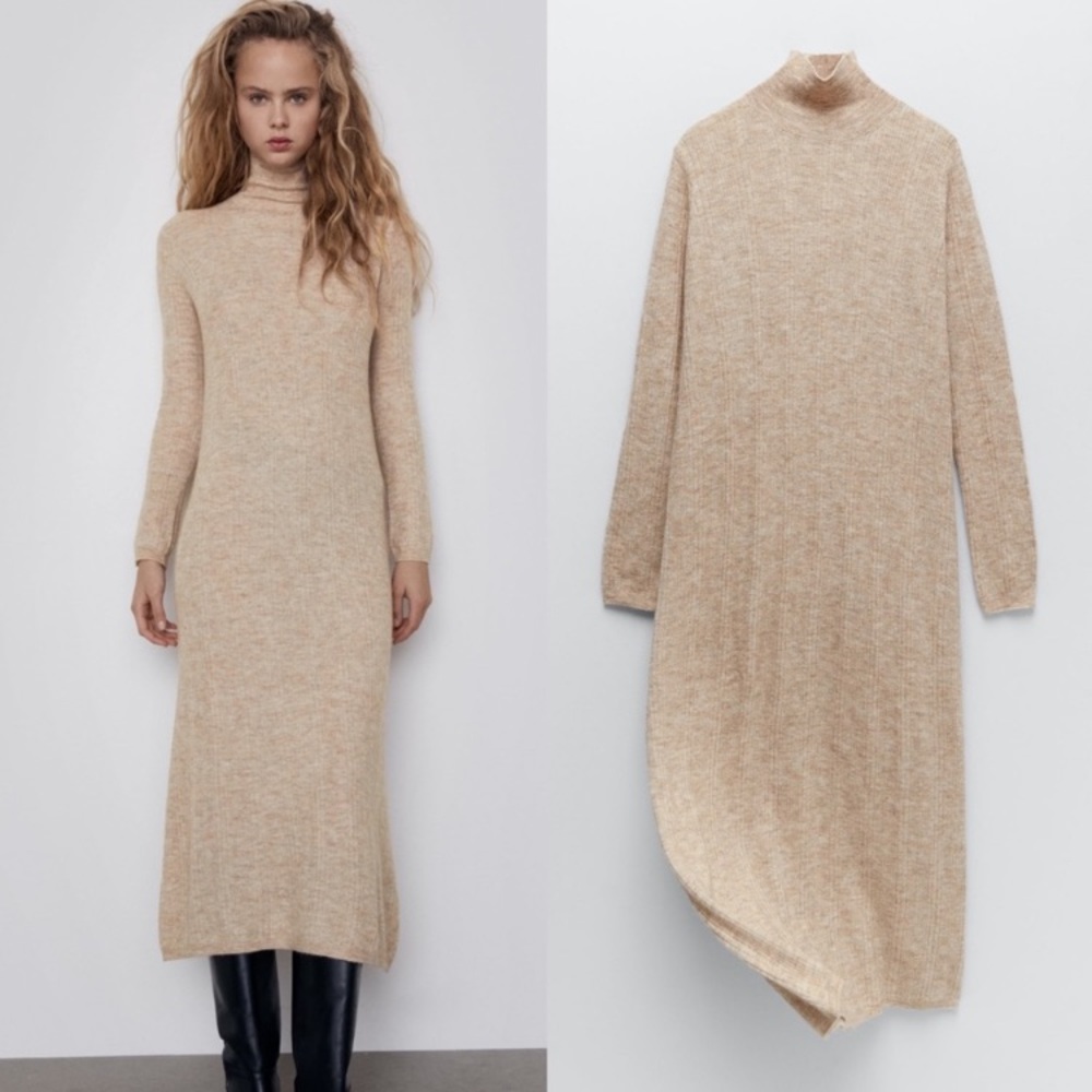 Zara Neutral Ribbed Alpaca Wool Soft Knit Boho Contemporary Maxi Dress